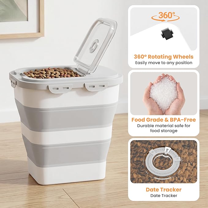 40 Lbs Dog Food Storage Container with Wheels, Collapsible Pet Food Storage Container with Clear Window, 2 Measuring Cups and Scoop, BPA Free Cat Food Container for Rice, Flour, Grain, Bird Seed