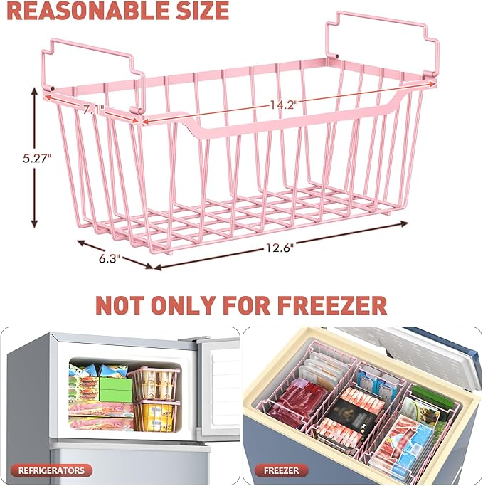 Goovilla Freezer Organizer Bins with Foldable Handle, 8 Pack Stackable Freezer Baskets for 3.5-7 Cu.FT Deep Chest Freezer Organization, Pink Metal Freezer Storage Bins with Better Space Utilization