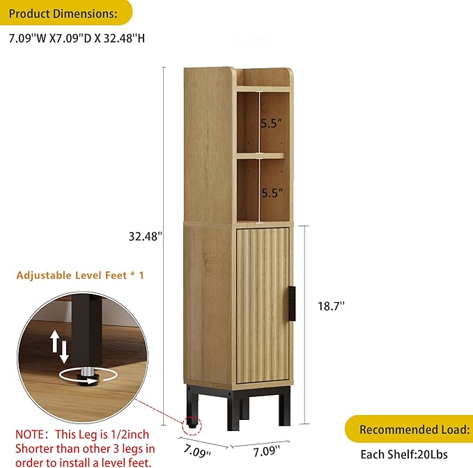FerniTry Small Bathroom Storage Cabinet, Corner Narrow Toilet Paper Floor Cabinet with Door and Shelves,Bathroom Organizer with Adjustable Shelf, for Small Spaces (Oak)