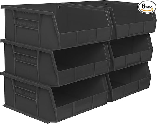Akro-Mils 30235 AkroBins Plastic Storage Bins, Space-Saving Stackable Bins for Garage, Pantry, Craft Organization, 11" x 11" x 5", Black, 6-Pack