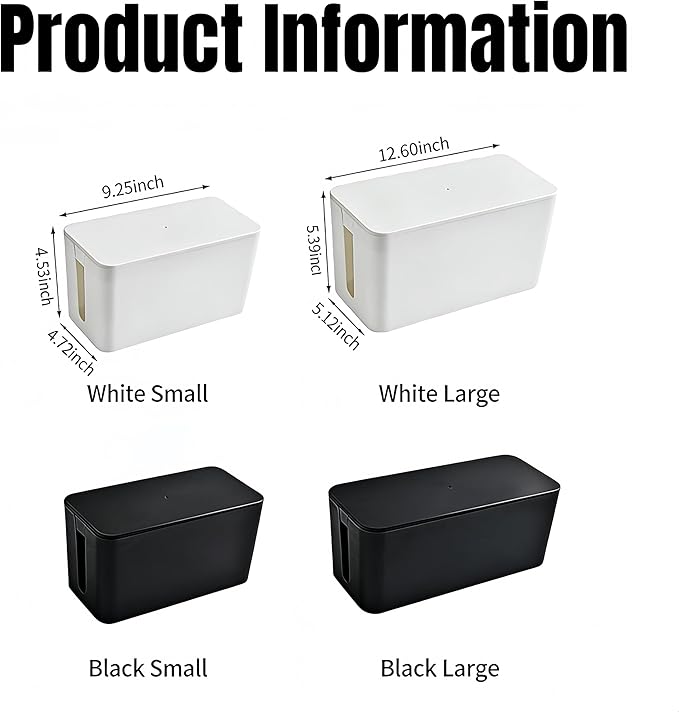 1Large+1Small Cable Organizer Set with 4 Silicone Cable Ties, 2-Piece Cable Management Box, Acrylic Lid Cord Organizer for Home Office,Set of Two Cable Box,Cable Organizer Box(Acryliclid lid/Black)