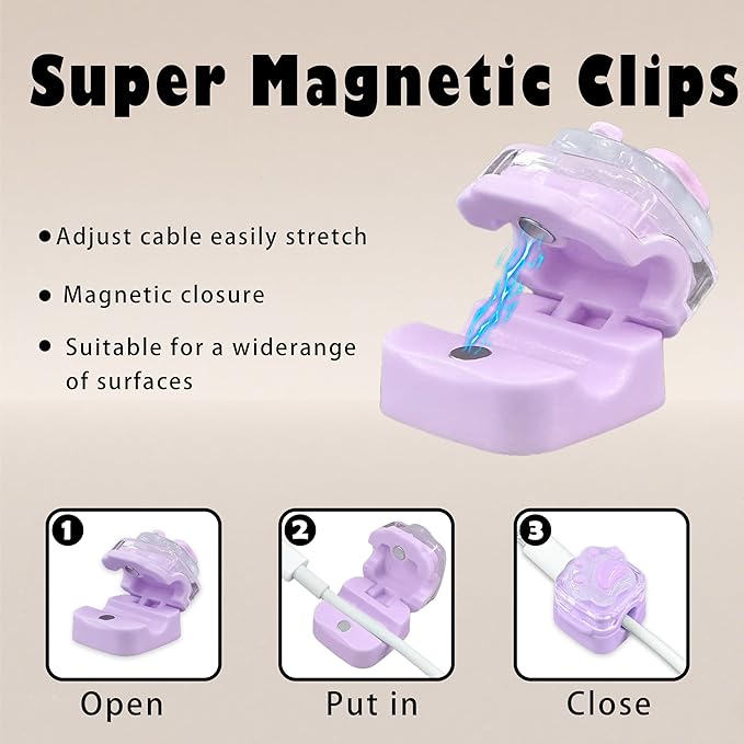9Pack Magnetic Cable Clips for Nightstand, Adhesive Night-Glowing Cord Holder Organizer for Office Home Desk Wall Car (Purple,Cat)