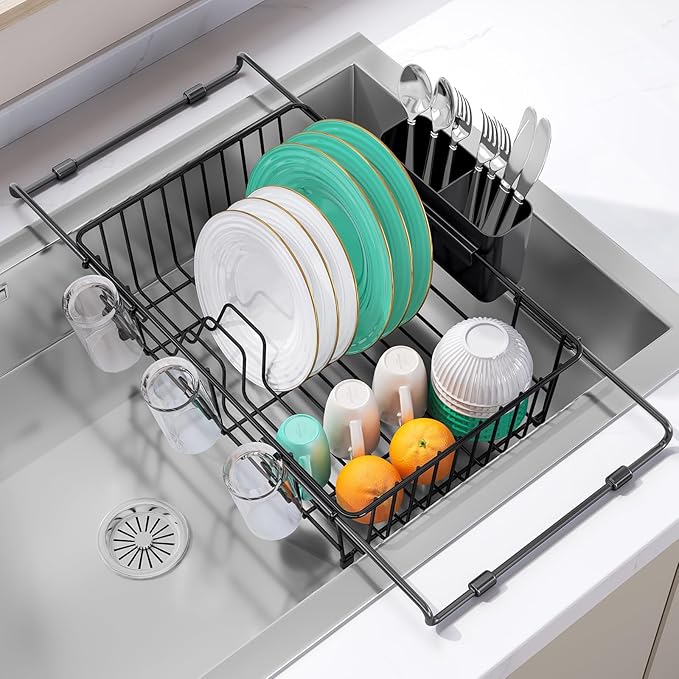 Urackify Dish Drying Rack in Sink, Expandable (15.35"-23.23" L) Over the Sink Dish Rack with Utensil Holder & Cup Holder for Compact Kitchen, Space - Saving Dish Drainer for Inside Sink, Black