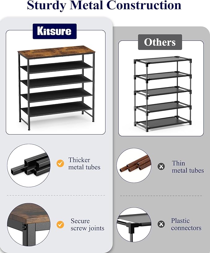 Kitsure 5-Tier Shoe Rack for Entryway - Space-Saving Shoe Rack Organizer with Wooden Top, Metal Frame Shoe Storage for Closet, Holds 15–20 Pairs, 29.5" x 11.4" x 31.1"