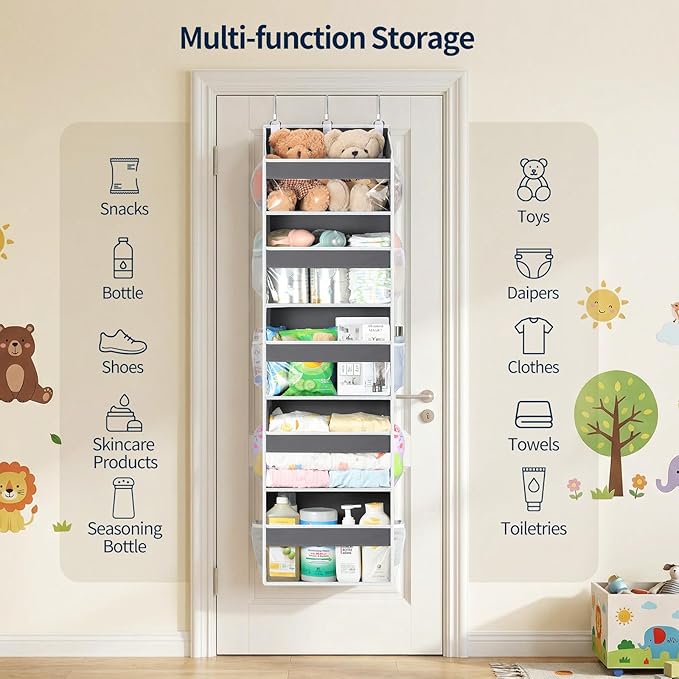 Yecaye 5 Tier Clear Over the Door Organizer Hanging, 5 Large Plastic Pockets and 10 Side Pockets Back of Door Organizer, 56lbs Weight Capacity Behind the Door Storage for Nursery, Deep Gray