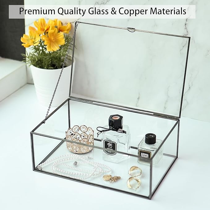 HighFree Vintage Glass Box with Lid - Clear Jewelry Glass Display Box Keepsake Box - Home Decor Decorative Box for Trinket Rings Bracelet (Black, Large)
