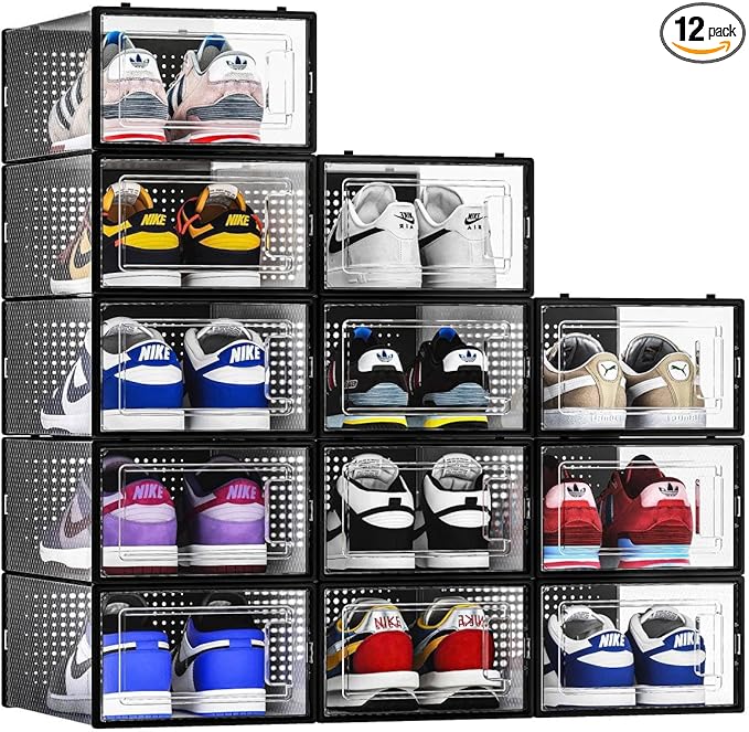12 Pack Shoe Storage Bins, Clear Plastic Stackable Shoe Organizer for Closet, Space Saving Foldable Shoe Rack, Shoe Box Sneaker Holder Container, Black Frame