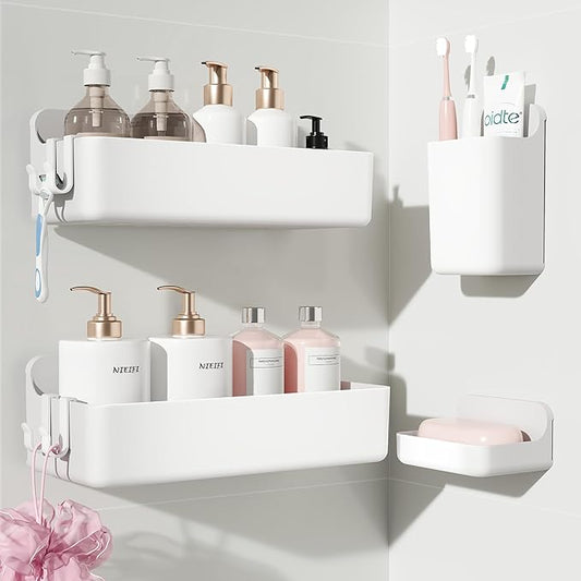 Adhesive Wall Shelf, Shower Shelves, White, 4 pieces