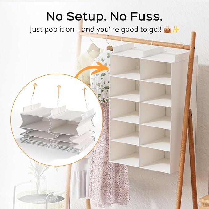 ALLTIDYUP White 5-Tier Hanging Closet Storage Organizer - Space-Saving Dual-Row Foldable Shelves with 3 Hooks, Wardrobe Organizer for Dorm, Bedroom, Clothes and Accessories