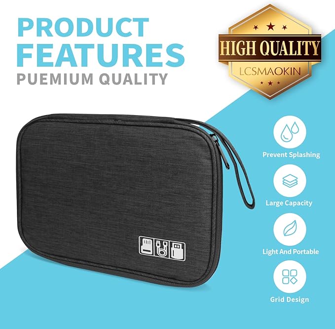 Lcsmaokin Electronics Organizer Travel Case,Electronic Accessories Storage Bag,Portable Waterproof Cable Organizer Bag,Travel Cord Organizer Bag for Small Charging Cord Storage,Cables,SD Card (Black)