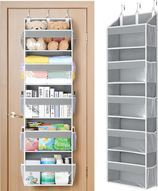 Yecaye Over the Door Organizer 5 Tiers, Heavy Duty Hanging Storage with 5 Large Clear PVC Pockets and 10 Side Pockets, 56lbs Capacity for Closet Door Bathroom Bedroom Nursery Dorm Laundry Room, Grey