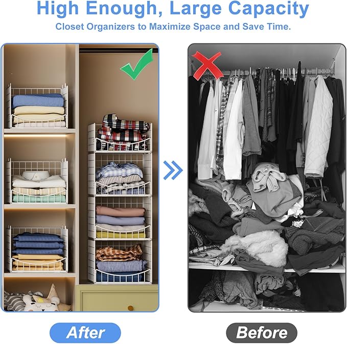 Hongtamoya 4-Tier Stackable Closet Organizers and Storage Shelves, Foldable & Mutifunctional Clothes Storage Basket Sweater Organizer Bins Container for Wardrobe Kitchen Office Bathroom, White