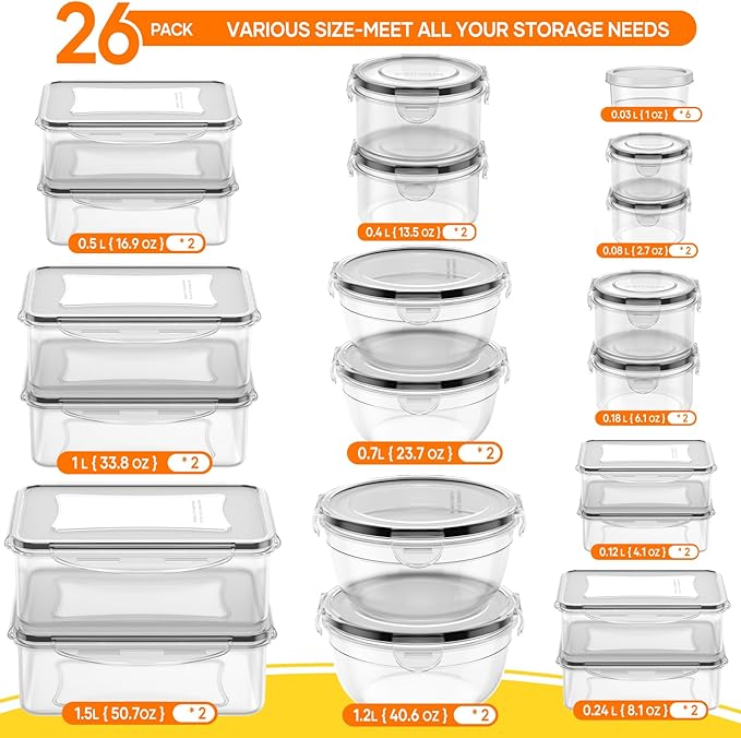 52 PCS Food Storage Containers with Lids Airtight (26 Lids & 26 Containers)