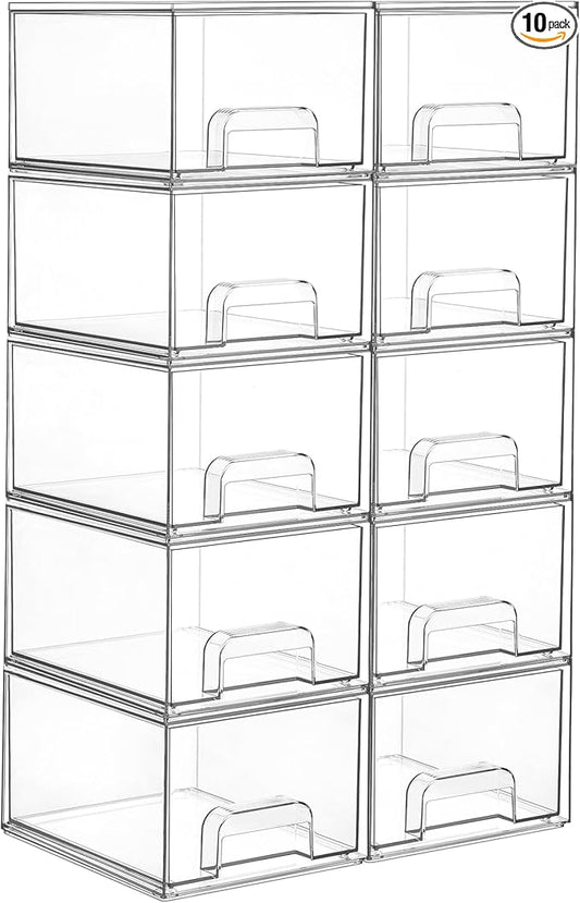 10 Pack Small Clear Stackable Storage Drawers, Acrylic Bathroom Makeup Organizer
