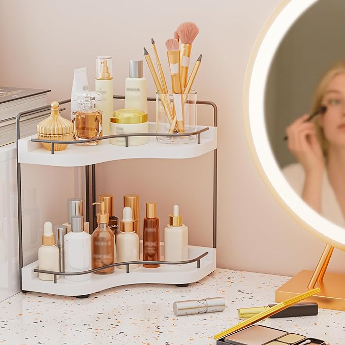 2-Tier Corner Bathroom Counter Organizers, Stable Wood Vanity Shelf for Perfume, Skincare & Makeup, Larger Size Countertop Organizer and Storage for Bathroom, Kitchen and Dresser(White)