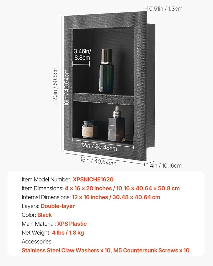 VEVOR Shower Niche, 16 x 20 x 4 inch Recessed Wall Niche with Movable Divider Shelf, Modern Soap & Shampoo Storage Organizer, Square Corners, Sealed Waterproof Design, Black for Bathroom Shower