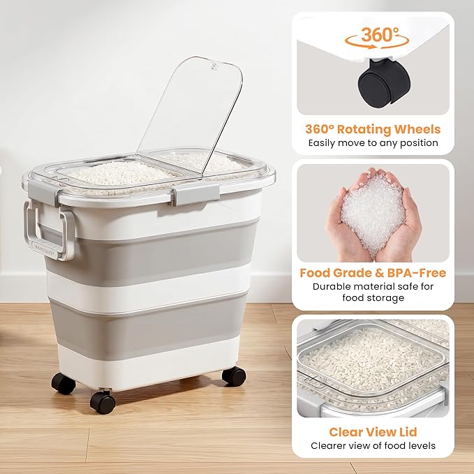 30 Lbs Rice Storage Container with Wheels, Collapsible Airtight Food Storage Container with Transparent Lid, Measuring Cup, Scoop, Handle, BPA Free Rice Holder for Pet Food, Grain, and Bird Seed