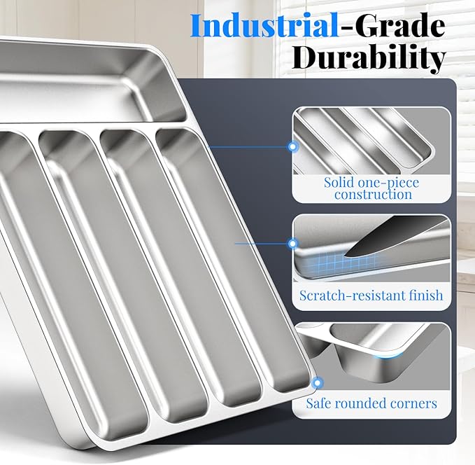 IKOCO Silverware Organizer Stainless Steel Utensil Drawer Organizer with 5 Compartments for Kitchen, Dishwasher Safe, Holds Spoons Forks Knives (13.8" x 11.4" x 1.6", Silver)