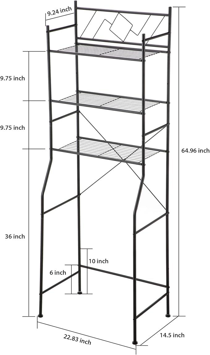 Home Zone Living Over the Toilet Storage Bathroom Organizer 3-Tier Freestanding Steel Frame Shelves with Wide Stabilizing Base and Adjustable Feet, Matte Black