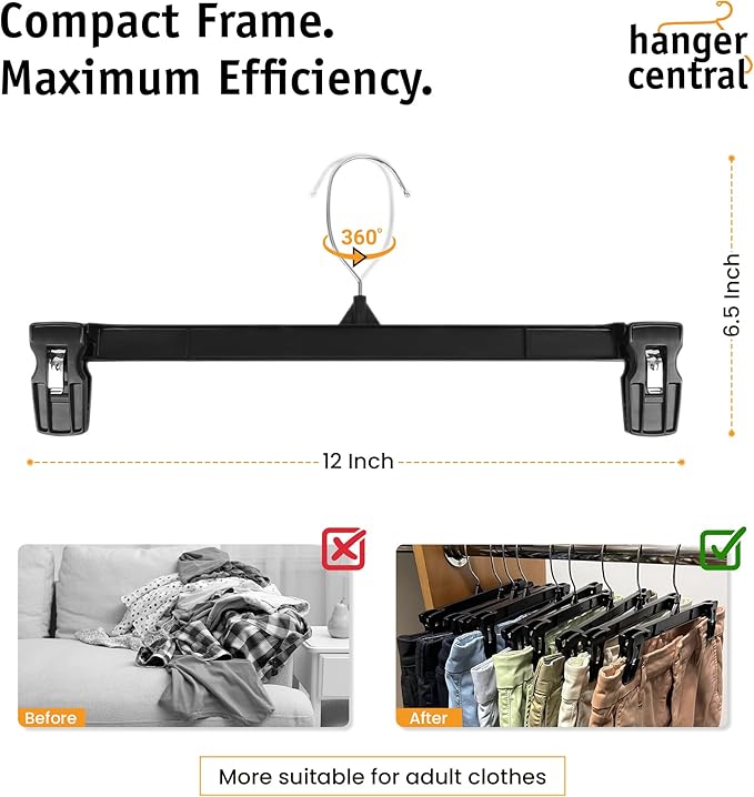 30 Pack Pants Hangers Slim Plastic Clothes Hangers with Clips for Skirts, Shorts & Trousers – Non Slip Grip, Heavy Duty Space Saver with Swivel Hook – Black Closet Organizer - 12 Inch
