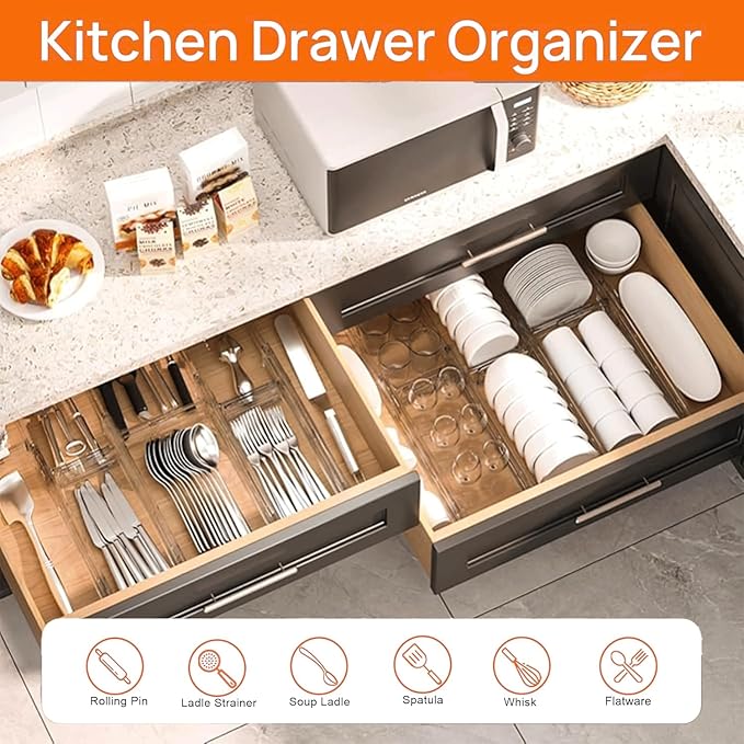 Acrylic Drawer Dividers – Adjustable 11–20.8 Inch Expandable Deep Dresser Drawer Dividers – Clear Plastic Drawer Separators for Baby Clothes, Underwear, Kitchen & Office Storage.