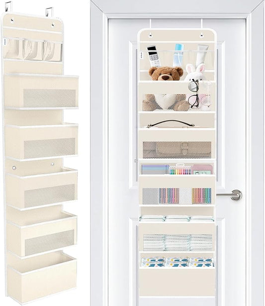 WISELIFE Over the Door Organizer - 6 Shelves Detachable Hanging Bedroom Storage Solution with 5 Large Pockets and 3 PVC Pockets for Dorm Bathroom, Pantry Nursery Baby Essentials (Beige)