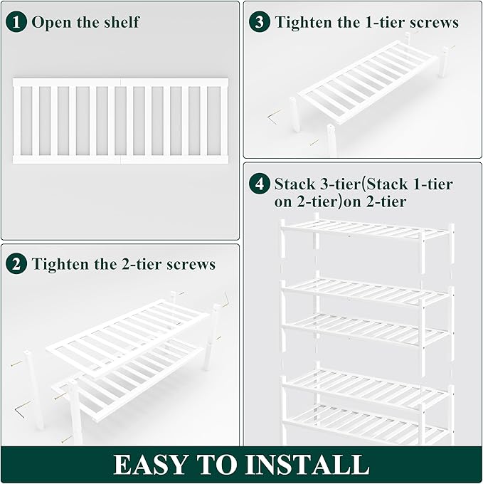 Smiry Bamboo Shoe Rack, 5 Tier Free Standing Wooden Shoe Organizer, Stackable Wood Shoe Storage Shelf for Closet, Entryway, 12 Vertical Slats, 2+2+1 Stack Standard Legs, 26.8"x11"x32.5", White
