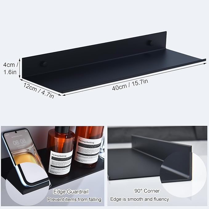 Black Shower Shelves Rustproof & Waterproof, 40cm Adhesive Shower Caddy 2 Pack