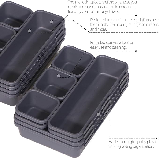 Set of 24 Interlocking Desk Drawer Organizer Tray Dividers Plastic Shallow Narrow Drawers Organizers Separators Storage Bins Container for Kitchen Bathroom Makeup Office Vanity Bedroom Dresser