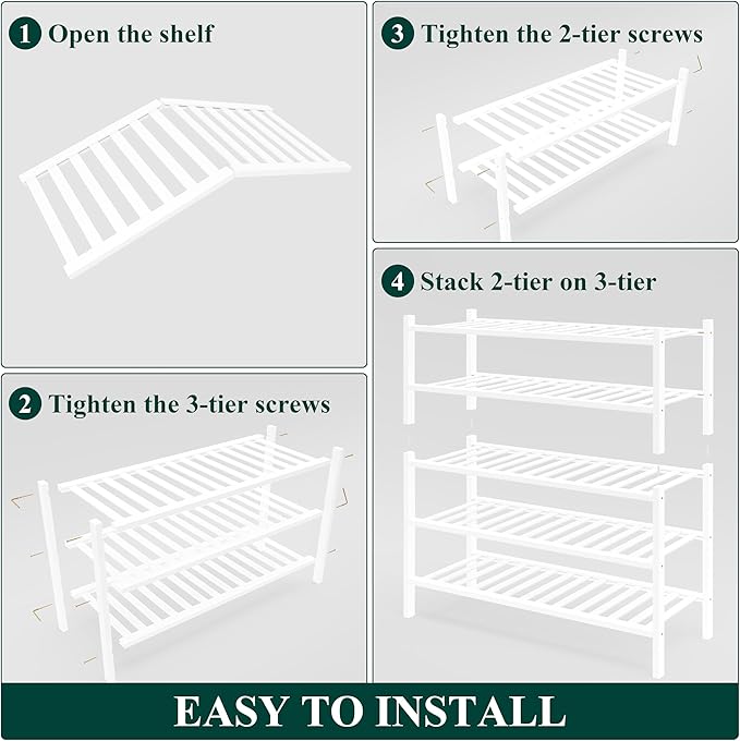 Smiry Bamboo Shoe Rack for Closet, 5 Tier Wooden Shoe Organizer, Stackable Wood Shoe Storage Shelf for Entryway, 14 Vertical Slats, 2+3 Stack Heavy-Duty Legs, 26.77"x11.02"x31.3", White