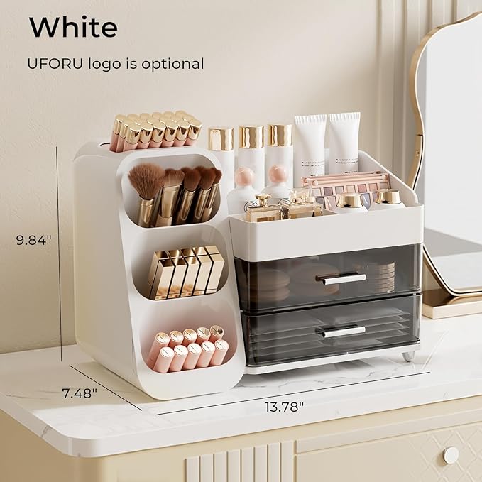 UFORU Makeup Organizer for Vanity with Brush Holder, Large Capacity Bathroom Countertop Skincare Organizer with 2 Drawers, Cosmetic Display Case for Perfumes, Eyeshadow Palettes, Nail Polishes