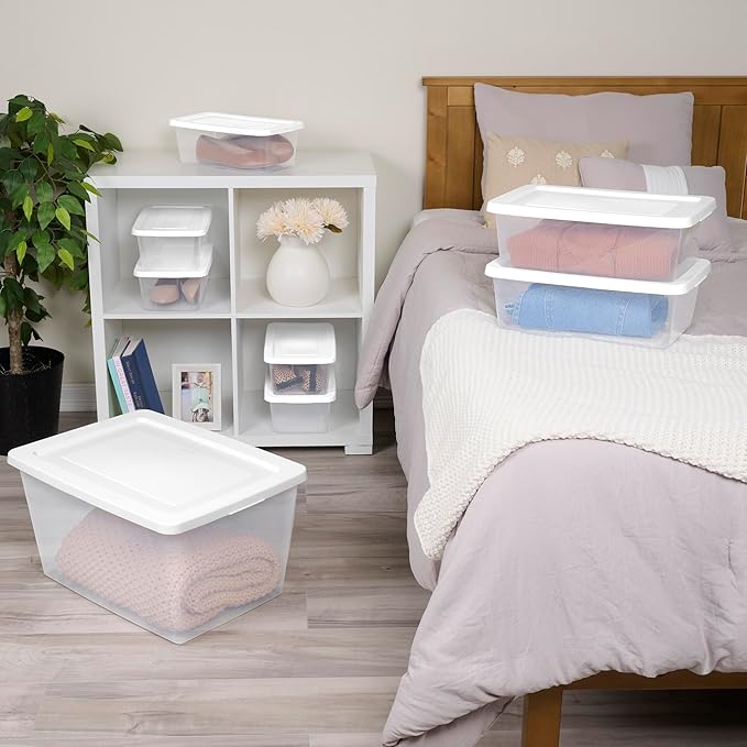 Sterilite 12-Pack Clear Storage Box, Stackable Container Bins with Lids, 12 Qt, White – Plastic Containers for Home, Closet, Bathroom, and Office Organization