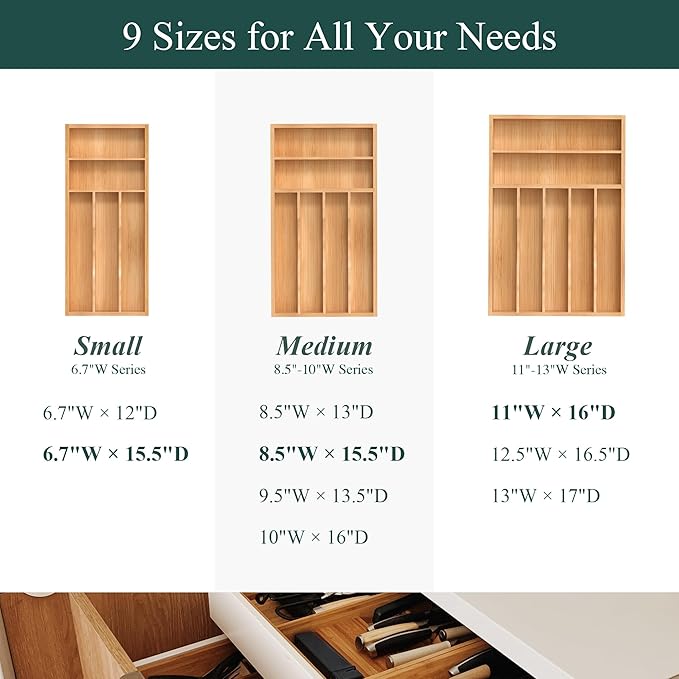 Silverware Organizer, Bamboo Kitchen Drawer Organizer, Utensil Holder, Cutlery Tray & Spoon Flatware Storage with Grooved Drawer Dividers (6.7''W x 15.5''D)