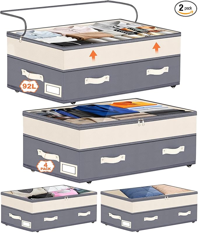 Dolicer 4 Pack Under Bed Storage with Wheels, Dark Grey