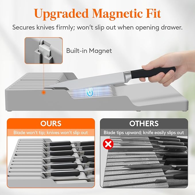 Lifewit Magnetic Drawer Knife Organizers Insert, Kitchen Plastic In Drawer Knife Block Slots, Steak Chefs Knives Holder Storage Sets for 12 Knives and 1 Sharpening Steel, Large, Gray
