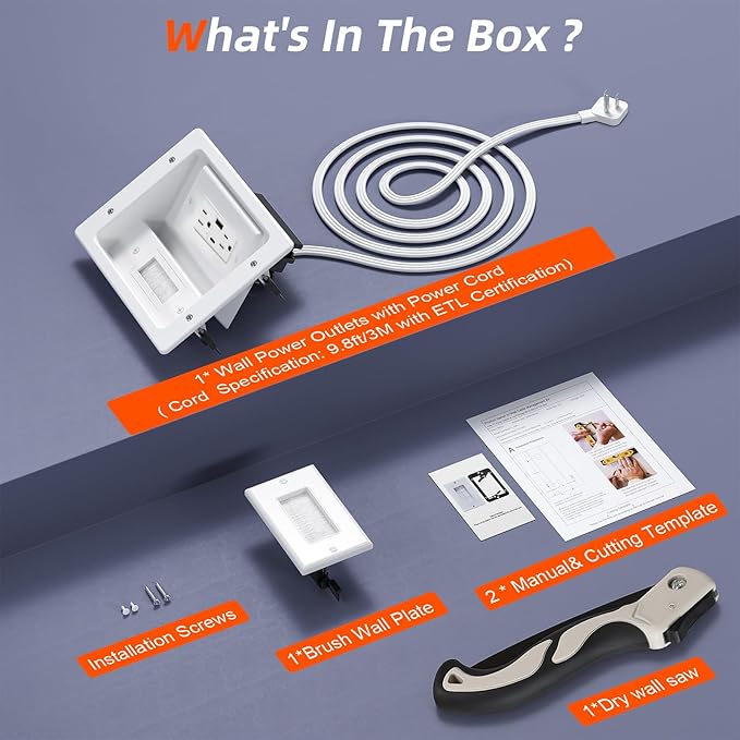 in Wall Cable Management Kit with Brush Wall Plate TV Wire Hider for Wall 2AC+USB-a+USB-c Recessed tv Outlet Box 9.8ft Cord for Home Theater Systems Gaming Vonsoles Nightstands Office Spaces