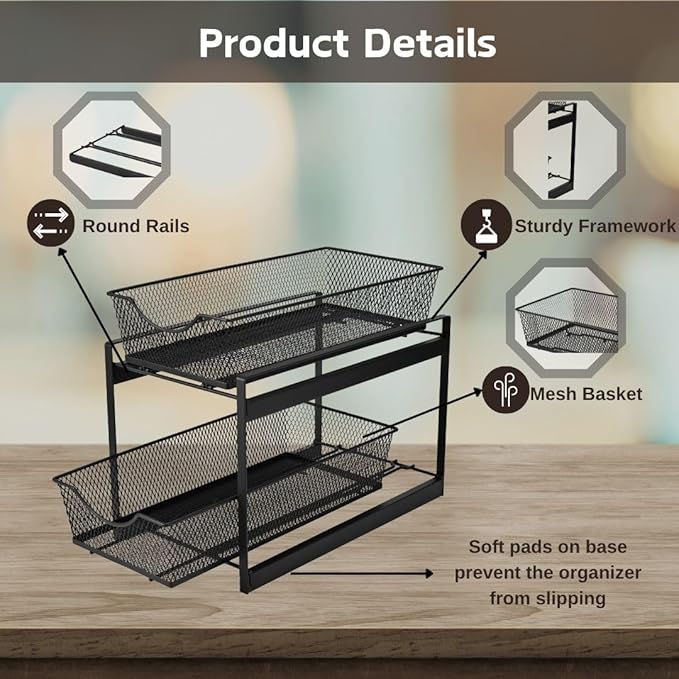 IBERG 2 Tier Bathroom Organizer with Pull Out Drawer, Under Sink Storage Organizer for Kitchen Cabinet, Metal Sliding Basket (Black)
