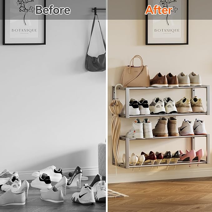 Hanging Shoe Organizer, 2 Pack Wall Mounted Shoe Rack Holds 12 Pairs, Silver