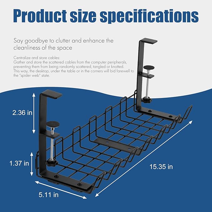 Under Desk Cable Management Tray - No Drilling, Tools-Free, Adjustable Iron Organizer, Modern Minimalist Style for Home Office