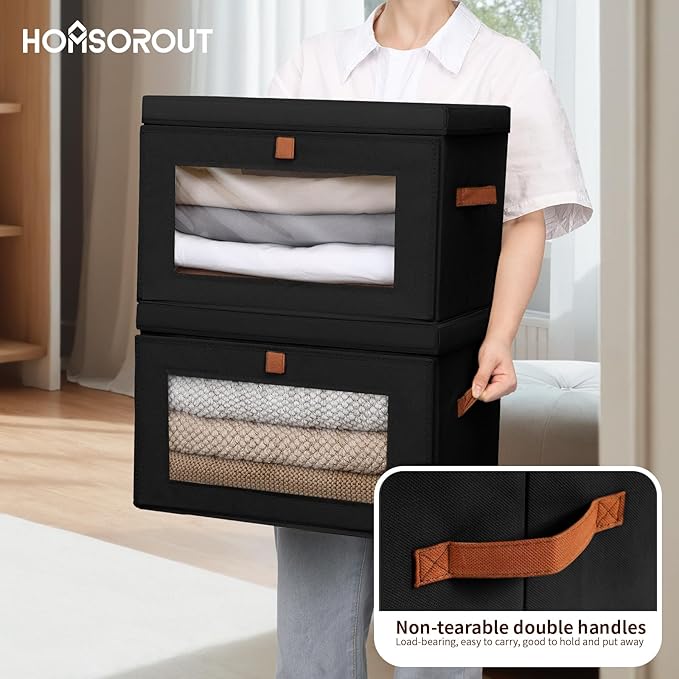 Homsorout Collapsible Storage Bins - Large Stackable Organizer Bins, Decorative Boxes with Handles & Window, Fabric Containers for Living Room, Closet, Dorm, 6 Pack, Black