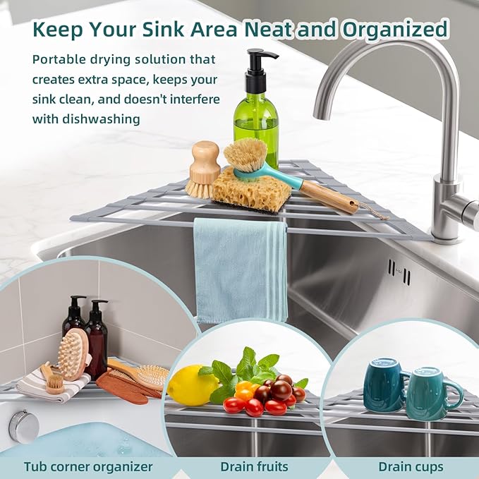 Ohuhu Triangle Roll Up Dish Drying Rack, Silicone Wrapped Steel Anti-Slip Sink Corner Rack Caddy Multipurpose Strainer for Kitchen Sink Trivet Space-Saving