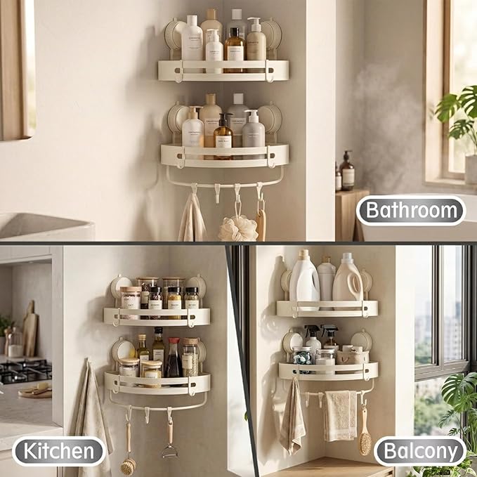 Suction Cup Shower Caddy(2-Pack Cream White),Single 1.77 Inches High No-Drilling Aluminum Bathroom Organizer with Towel Bar & Hooks,Moder wall Shower Shelf and Storage Decor