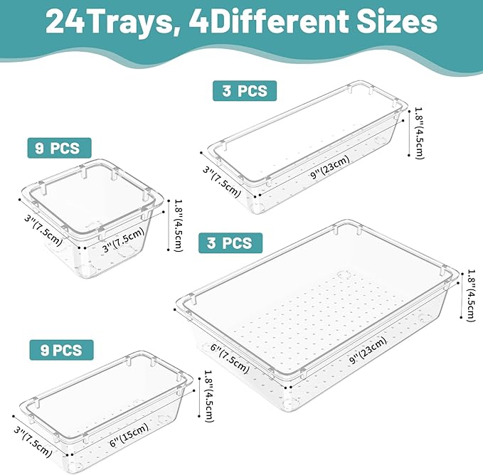 24 PCS Clear Plastic Drawer Organizer Set