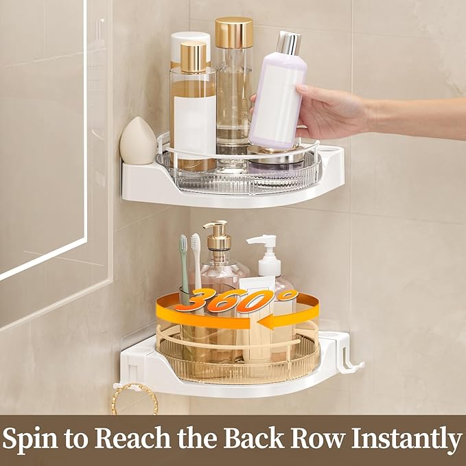 360°Rotating Corner Shower Caddy(2-Pack), No-Drill Adhesive Shower Shelf Organizer with Hooks, Lazy Susan Bathroom Storage for Bathtub, Shower Corner & Kitchen Sink, Space Saving Bathroom Organizer