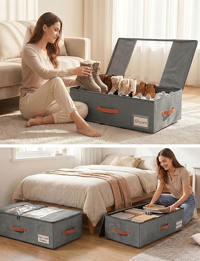 2-Pack Under Bed Storage Drawers with Wheels, 6 Vacuum Bags, 7.9" Height, Gray