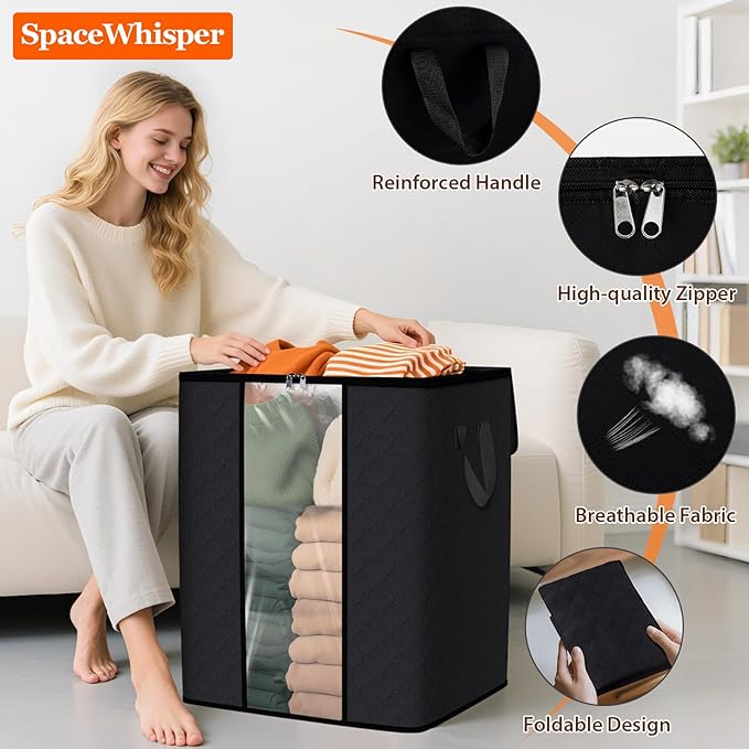 SpaceWhisper 3 Pack 100L Clothes Storage, Foldable Thick Fabric Blanket Storage Bags, Containers for Organizing Bedroom, Closet, Clothing, Comforter,Closet Organization with Handle,Black
