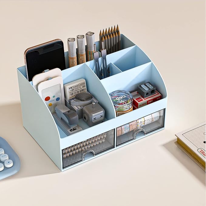 Desk Organizer with 6 Compartments and 2 Drawers, Plastic Makeup Organizer, Blue