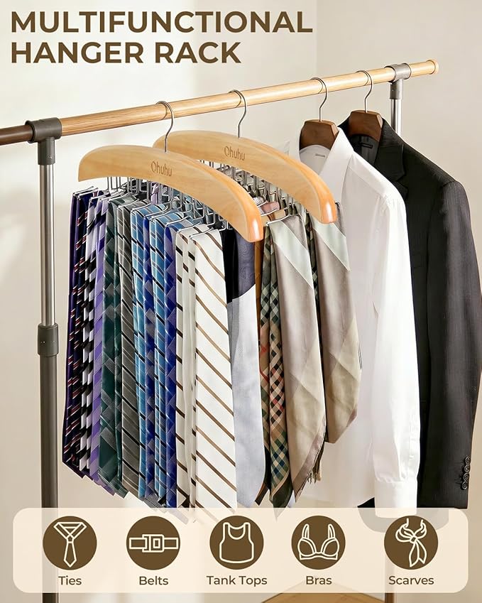 24-Hook Wooden Tie Rack Organizer for Closet
