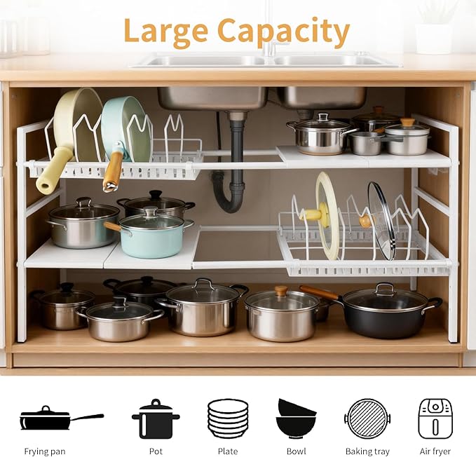 Pots and Pans Organizer Under Cabinet, Expandable 21-35in Length, Adjustable Height Under Sink Shelf 2 Tier with 10 Dividers Under Cabinet Shelf, Pot and Pan Lid Holder Rack (White)