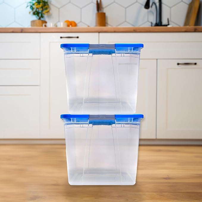 HOMZ 4-Pack Secure Latch, Clear Plastic Storage Organizer Bins, 64 Quart, Blue Lid - Stackable Container Boxes for Bedroom, Bathroom, Garage, and Office Organization